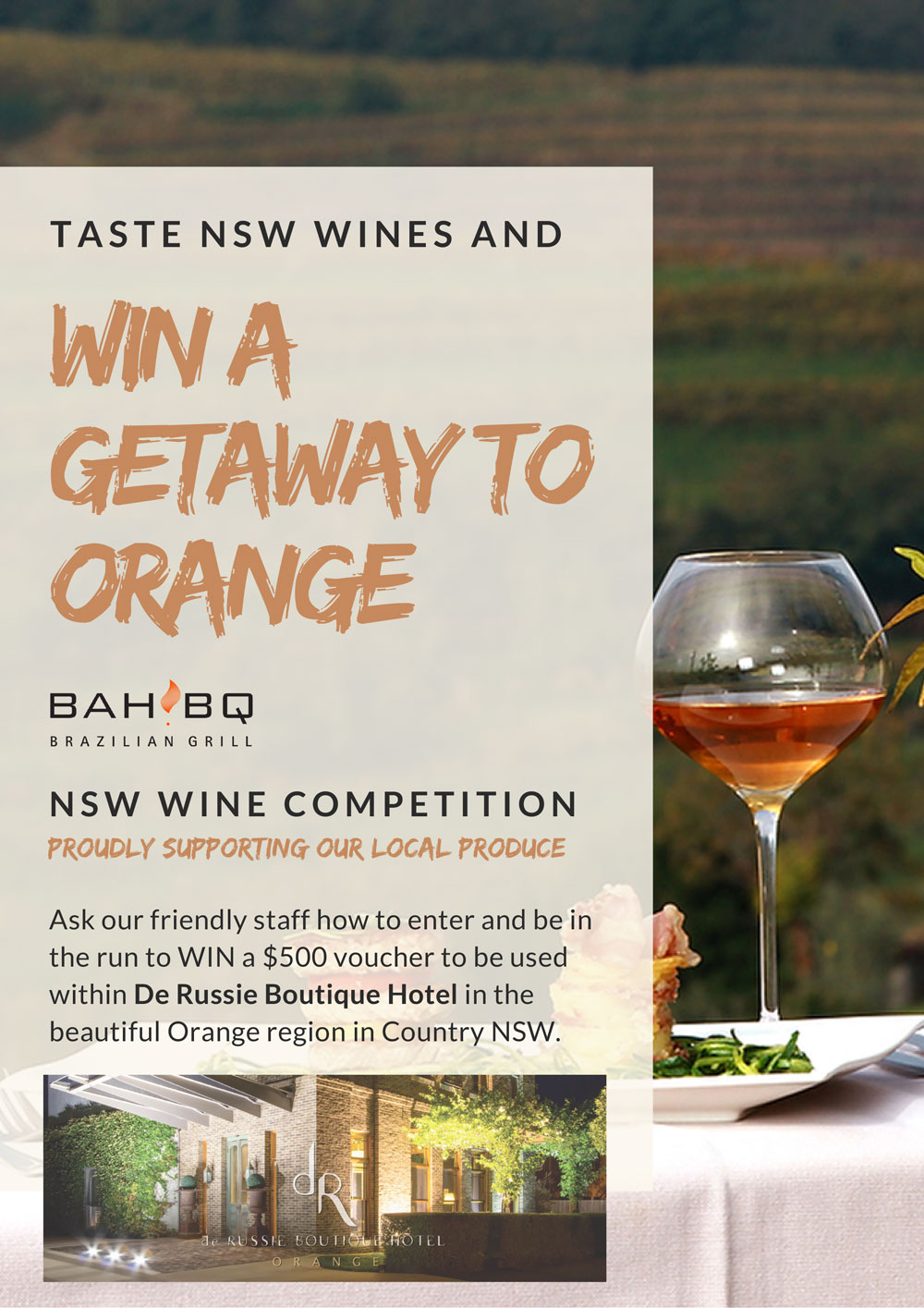 NSW Wines Competition – Win a “De Russie Boutique Hotel” $500 Voucher